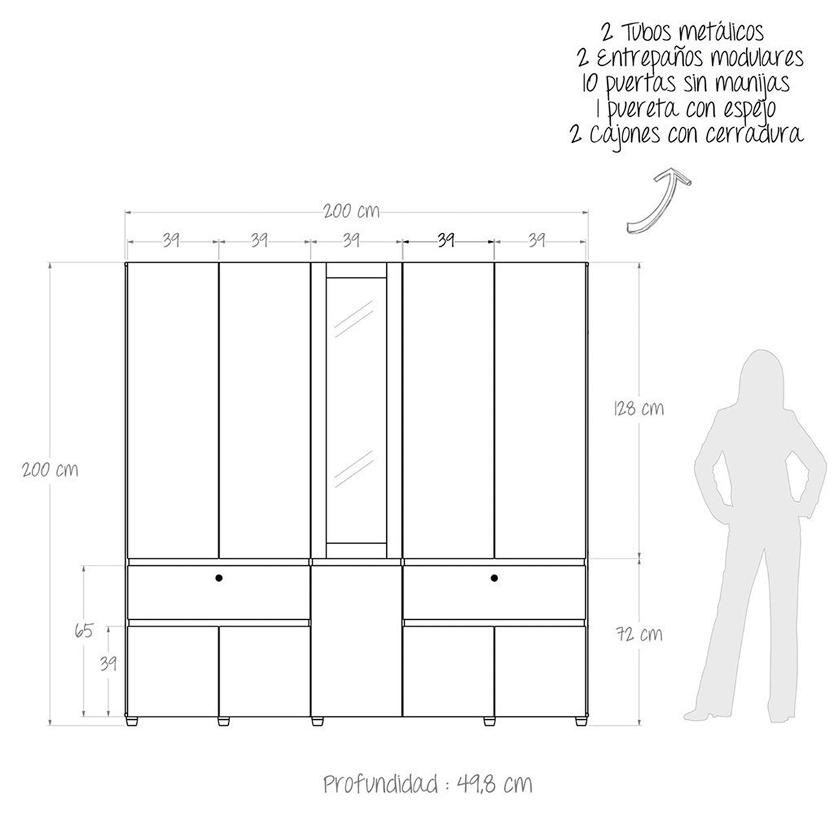 Closet Kanon Duna 200x199.9cm Con Espejo - Closets | Bylmo