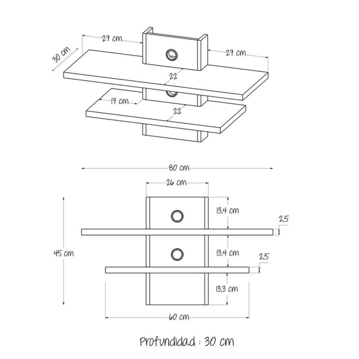 Repisa Indi Flotante 80x30 Rovere 2 Estantes - Repisas y Percheros | Bylmo