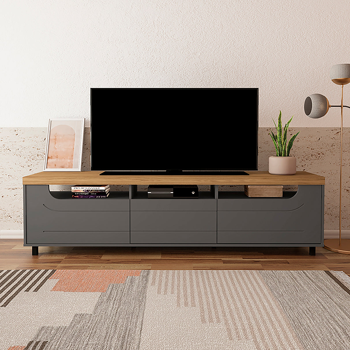 Mesa para TV Bewood 200x40x53 Roble Grafito TV hasta 75 Pulgadas - Muebles de TV | Bylmo