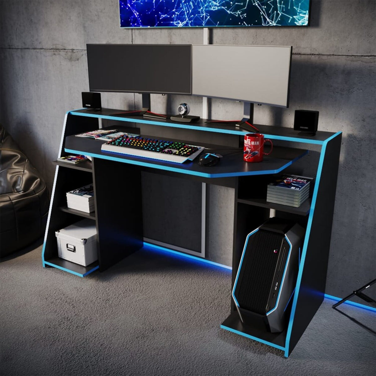 Escritorio Gamer Lax 150.2x88cm Wengue Azul Moderno - Escritorios | Bylmo