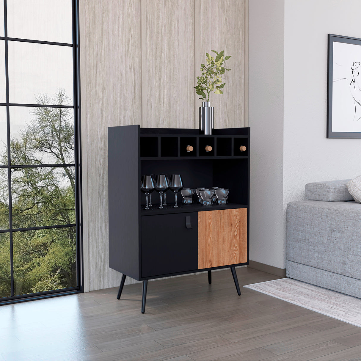 Bar Funes Wengue y Lenno 78.4x106cm con Tres Compartimientos con Seis Portabotellas y con Patas - BARES | Bylmo