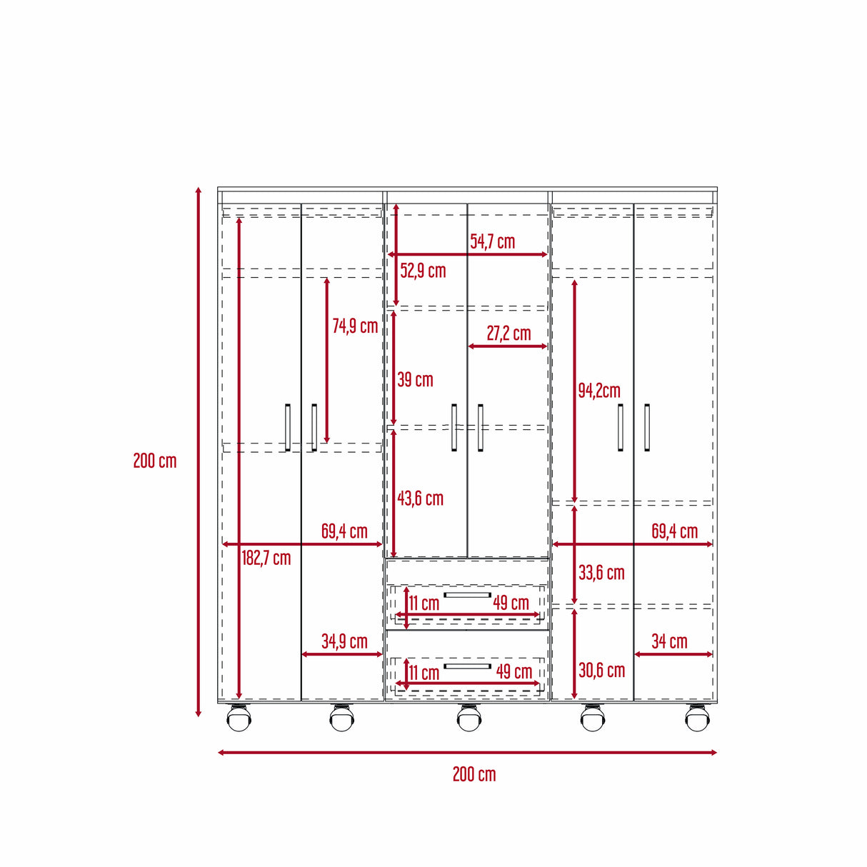 Closet Bariloche Wengue 200x200cm con Dos Cajones y Seis Puertas - CLOSETS | Bylmo
