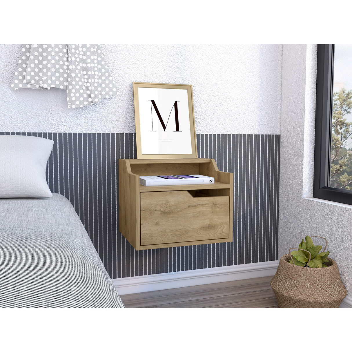 Mesa de Noche Busan 40x33cm Macadamia Flotante con Un Cajón - Mesas de Noche | Bylmo