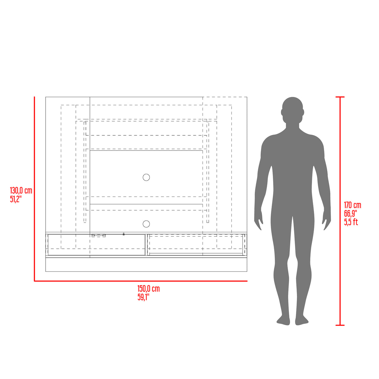 Panel de TV Funes 150x130cm Flotante para TV de 60 Pulgadas - Muebles de TV | Bylmo