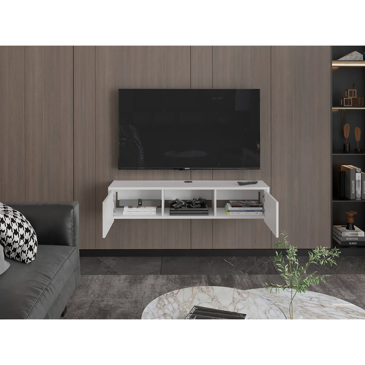 Repisa para TV Glen 125.1x26.8cm Blanco Flotante con Dos Cajones - Muebles de TV | Bylmo
