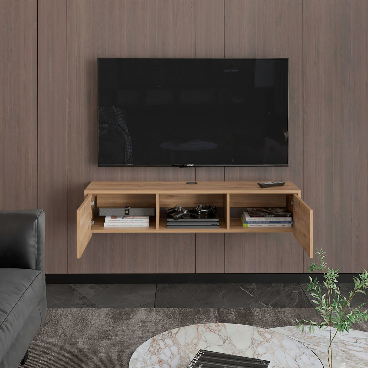 Repisa para TV Glen 125.1x26.8cm Macadamia Flotante para TV Más de 85 pulgadas - Muebles de TV | Bylmo