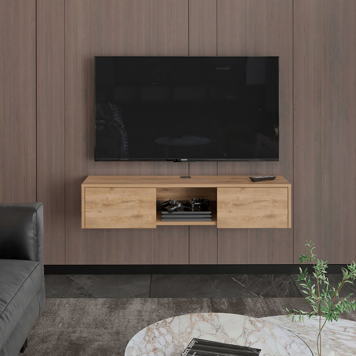 Repisa para TV Glen 125.1x26.8cm Macadamia Flotante para TV Más de 85 pulgadas - Muebles de TV | Bylmo