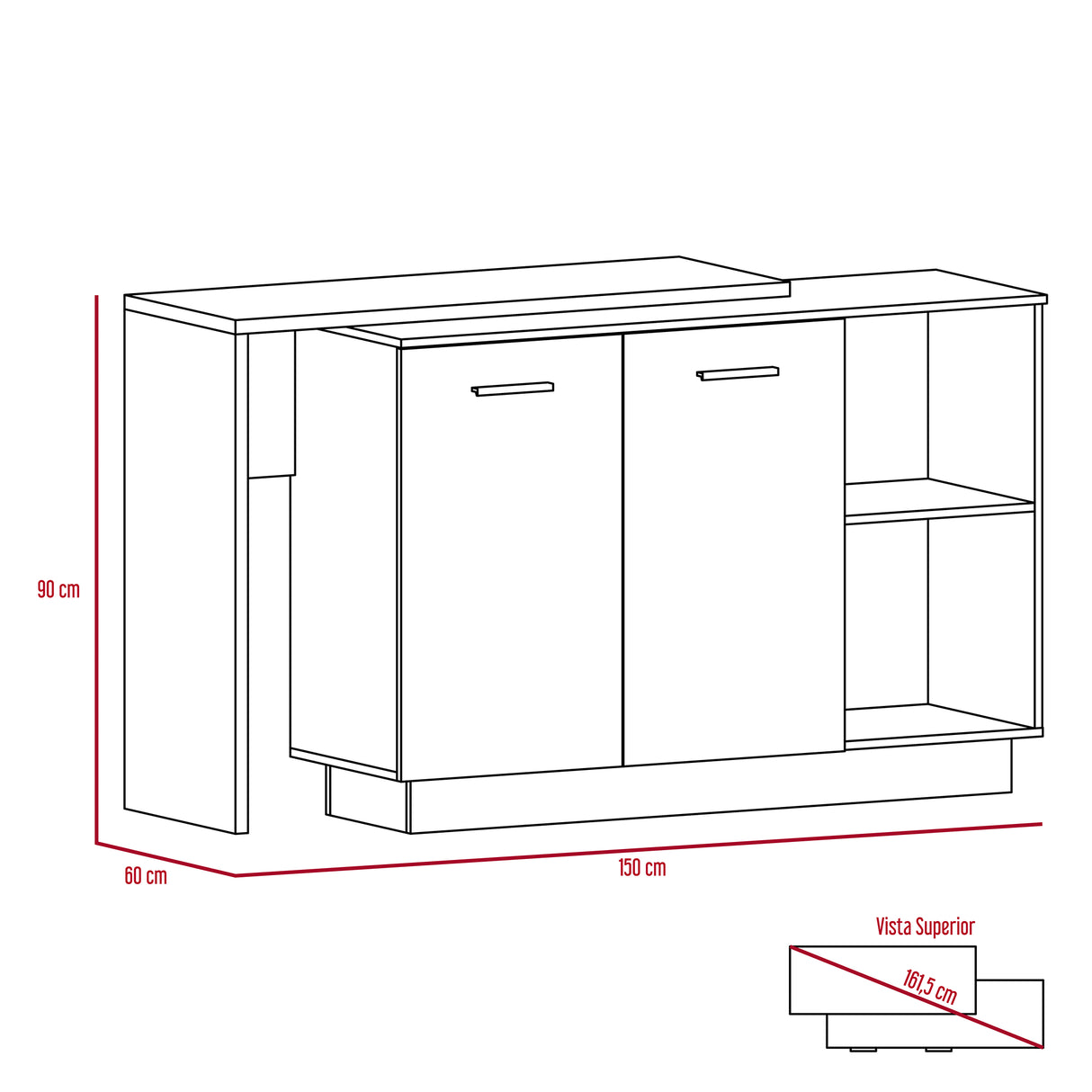 Isla de Cocina Sicilia 150x90cm Wengue con Entrepaños - Barras y Muebles Auxiliares | Bylmo