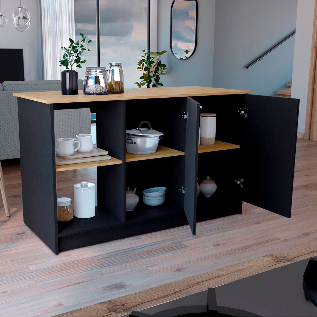 Isla de Cocina Juniper 150x90cm Wengue Moderna con 3 entrepaños - Barras y Muebles Auxiliares | Bylmo