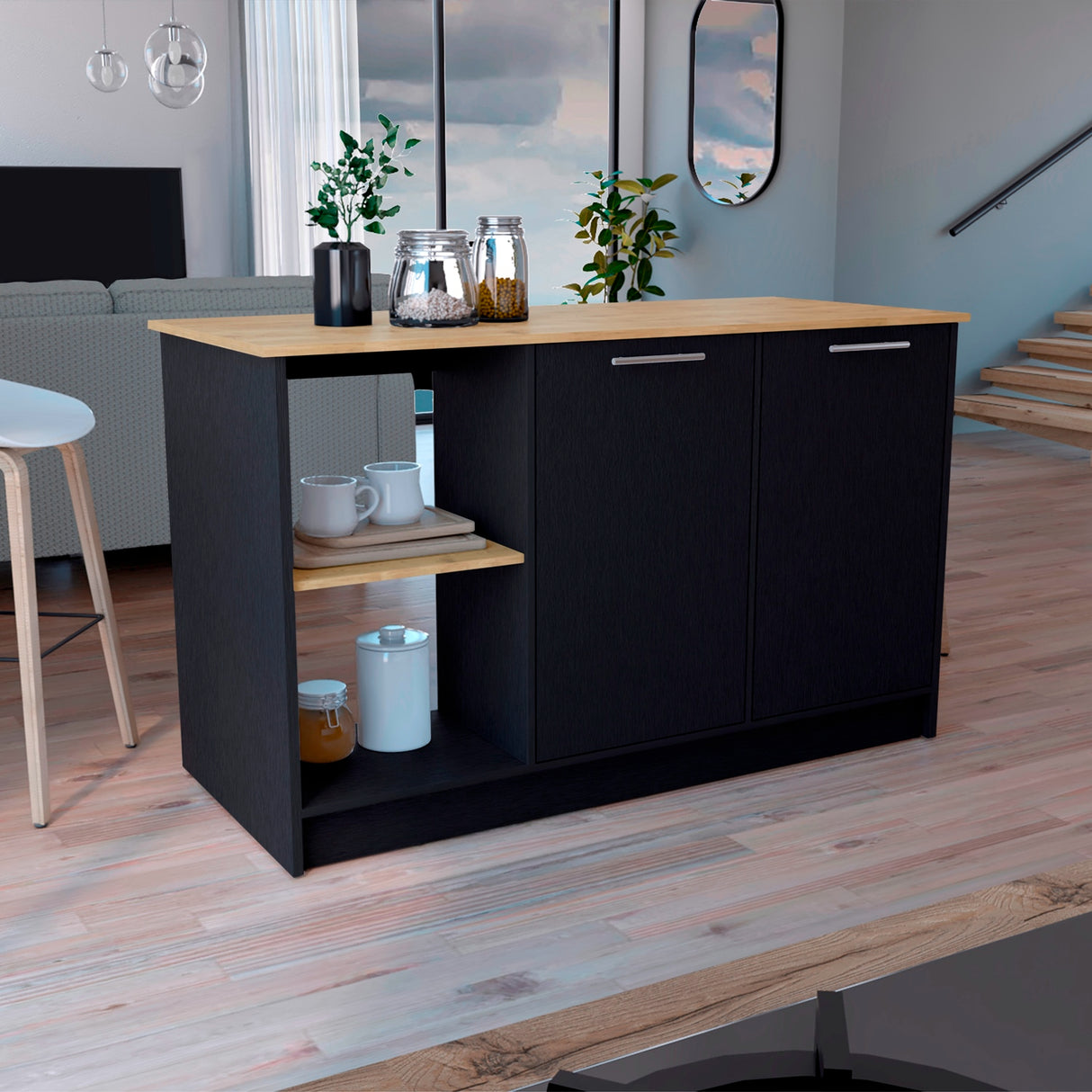 Isla de Cocina Juniper 150x90cm Wengue Moderna con 3 entrepaños - Barras y Muebles Auxiliares | Bylmo