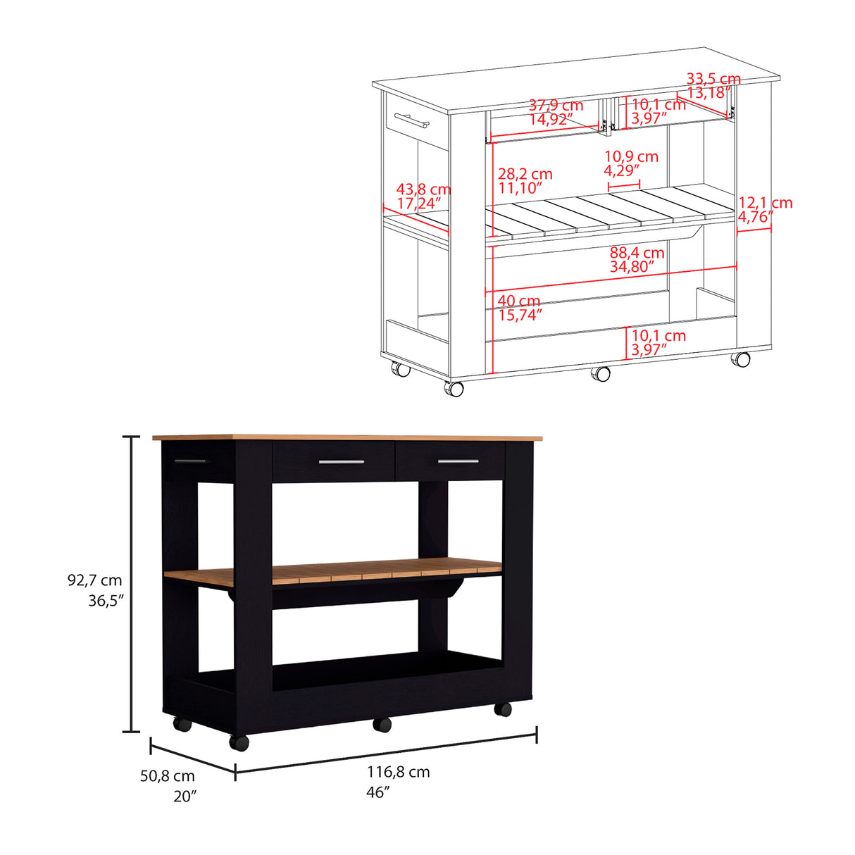 Isla de Cocina Cala 116.8x92.7cm Wengue con Entrepaño y Rodachinas - Barras y Muebles Auxiliares | Bylmo