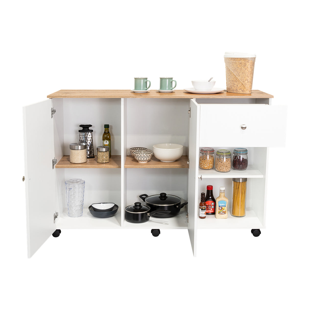 Isla de Cocina Movibasic 136x92cm Blanco con Entrepaños y Rodachinas - Barras y Muebles Auxiliares | Bylmo