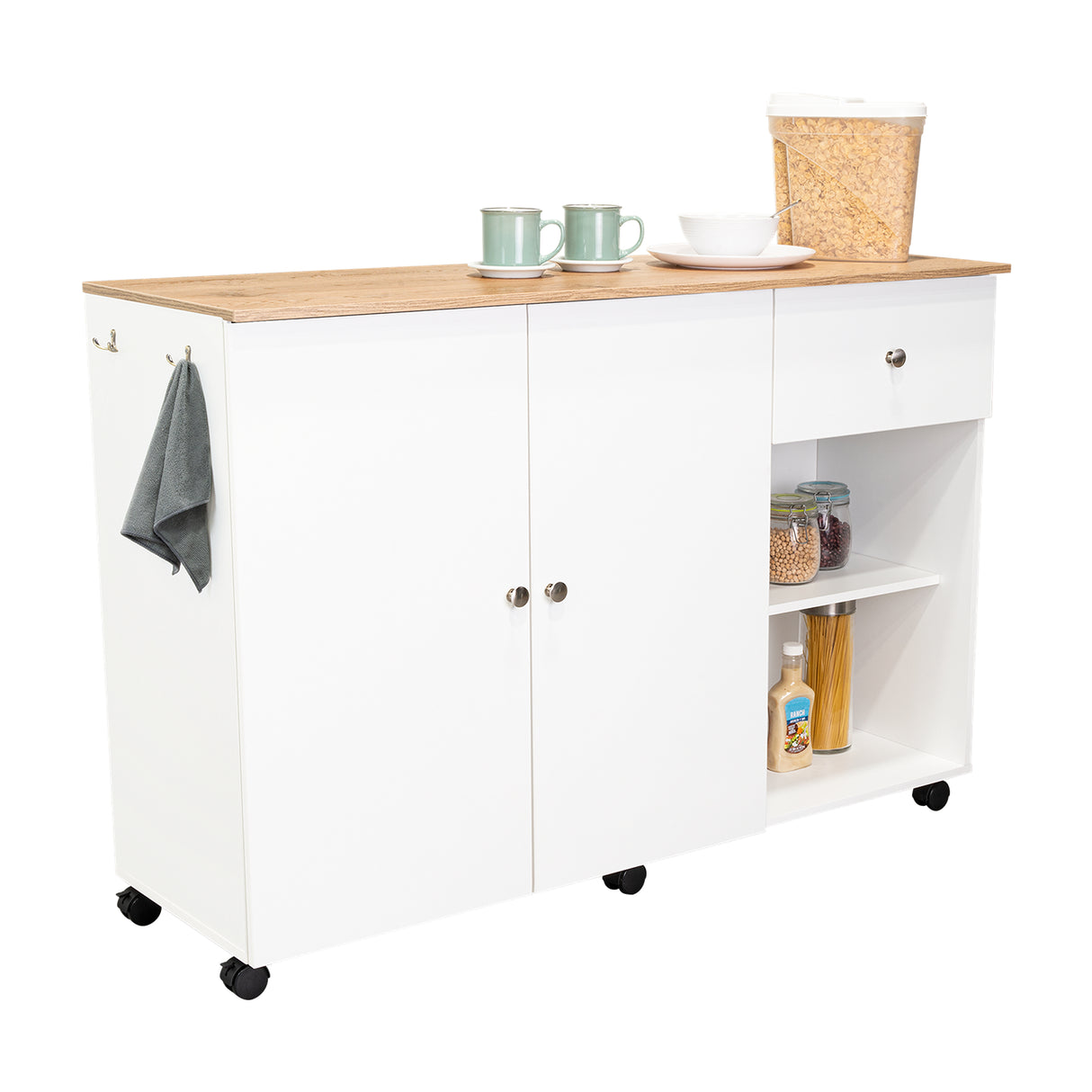 Isla de Cocina Movibasic 136x92cm Blanco con Entrepaños y Rodachinas - Barras y Muebles Auxiliares | Bylmo