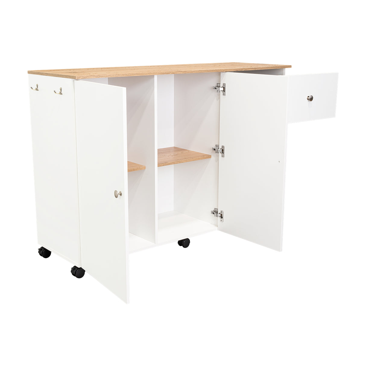 Isla de Cocina Movibasic 136x92cm Blanco con Entrepaños y Rodachinas - Barras y Muebles Auxiliares | Bylmo