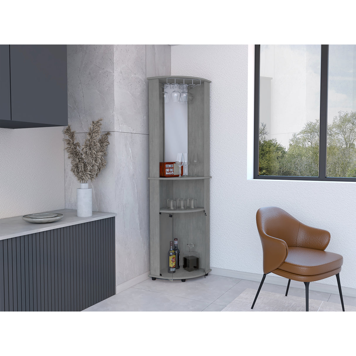 Bar Esquinero Chicago Cemento 45x189.9cm con Portacopas y Espejo. - Bares | Bylmo