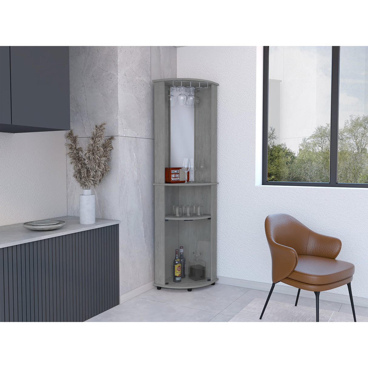 Bar Esquinero Chicago Cemento 45x189.9cm con Portacopas y Espejo. - Bares | Bylmo