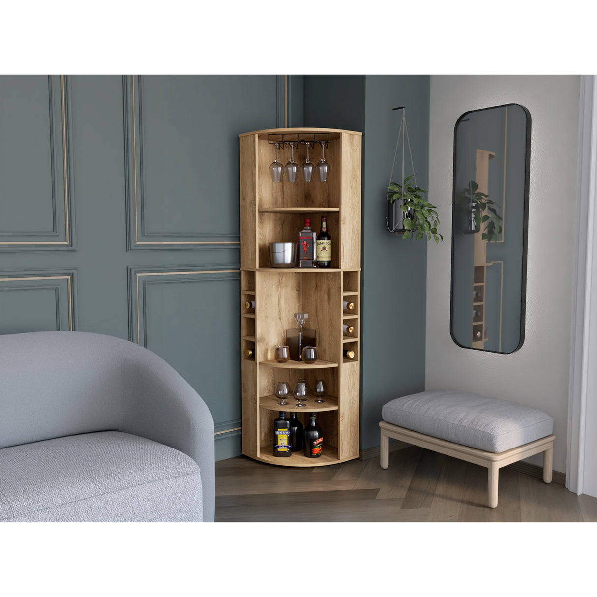 Bar Esquinero Oban Macadamia 47.1x180cm con Portacopasy Portabotellas - Bares | Bylmo