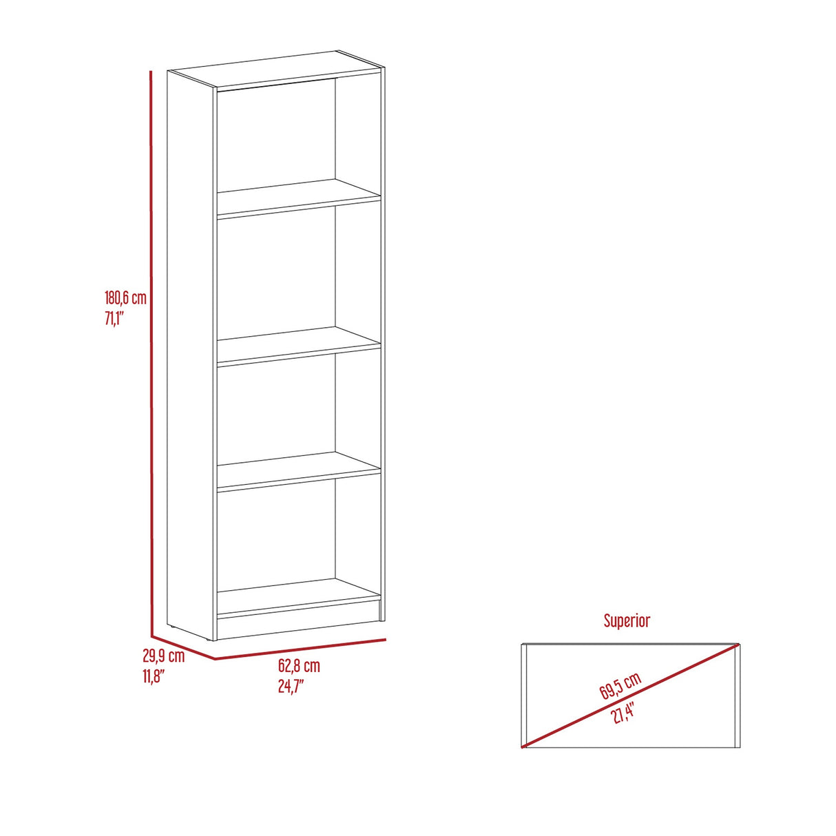 Biblioteca Home Wengue 62.8x180.6cm con Tres Entrepaños - Bibliotecas y Estanterías | Bylmo