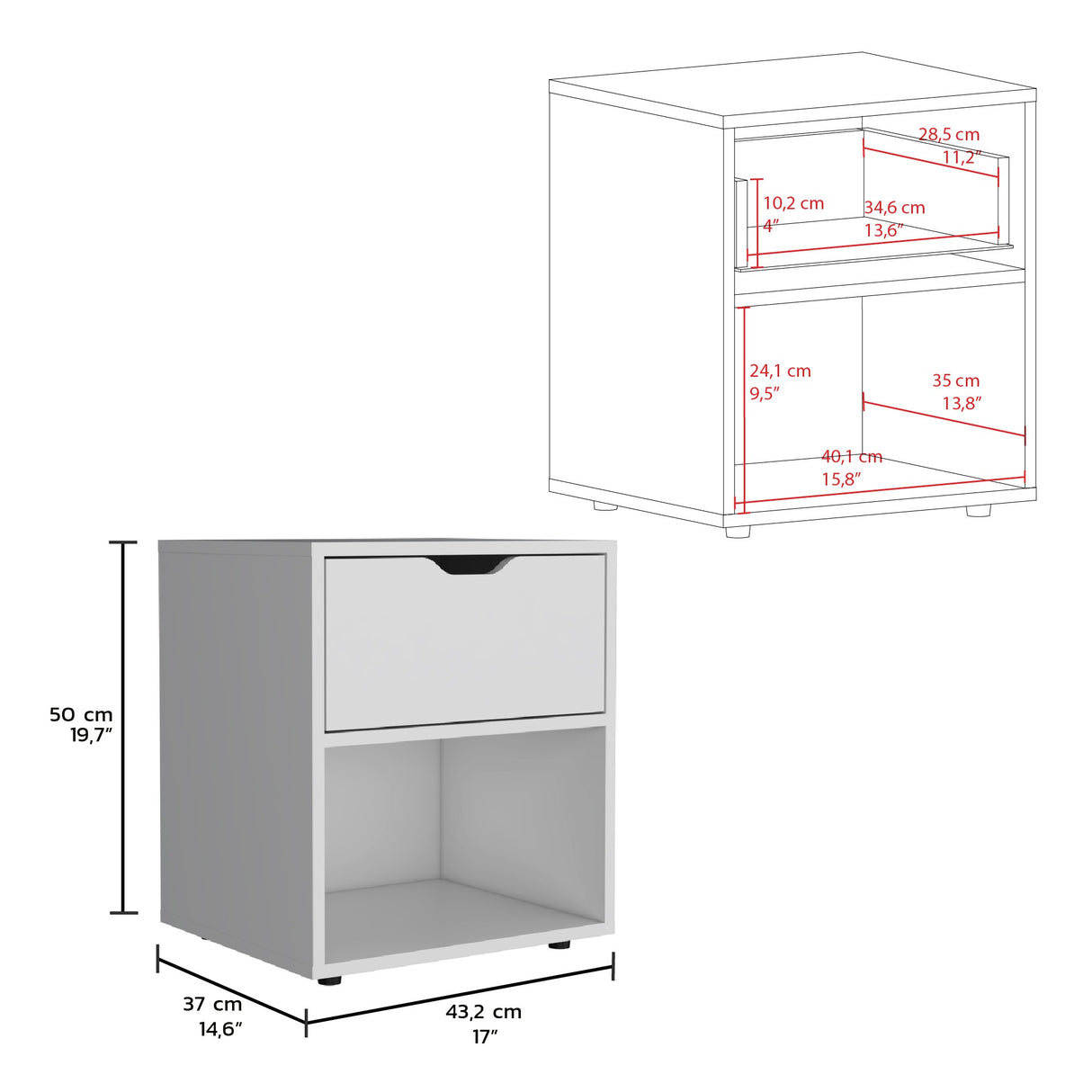 Mesa de Noche Aberdeen Blanco 43.2x50cm con Un Cajón - Mesas de Noche | Bylmo