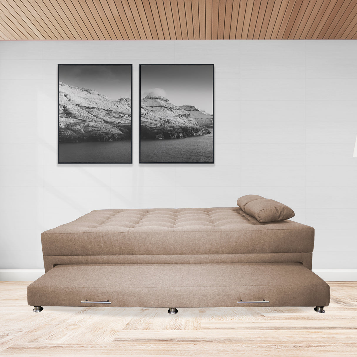 Sofá Cama Portmann Camel 190x95cm con Cuatro Cojines - Sofas y Poltronas | Bylmo