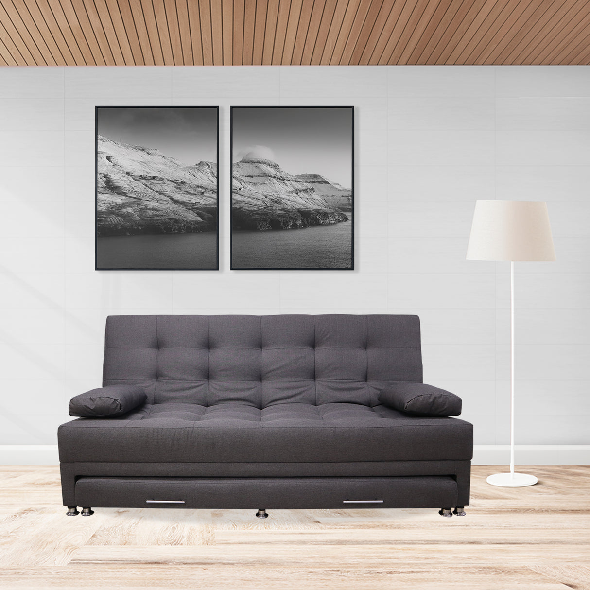 Sofá Cama Portmann Gris 190x95cm con Cuatro Cojines - Sofas y Poltronas | Bylmo