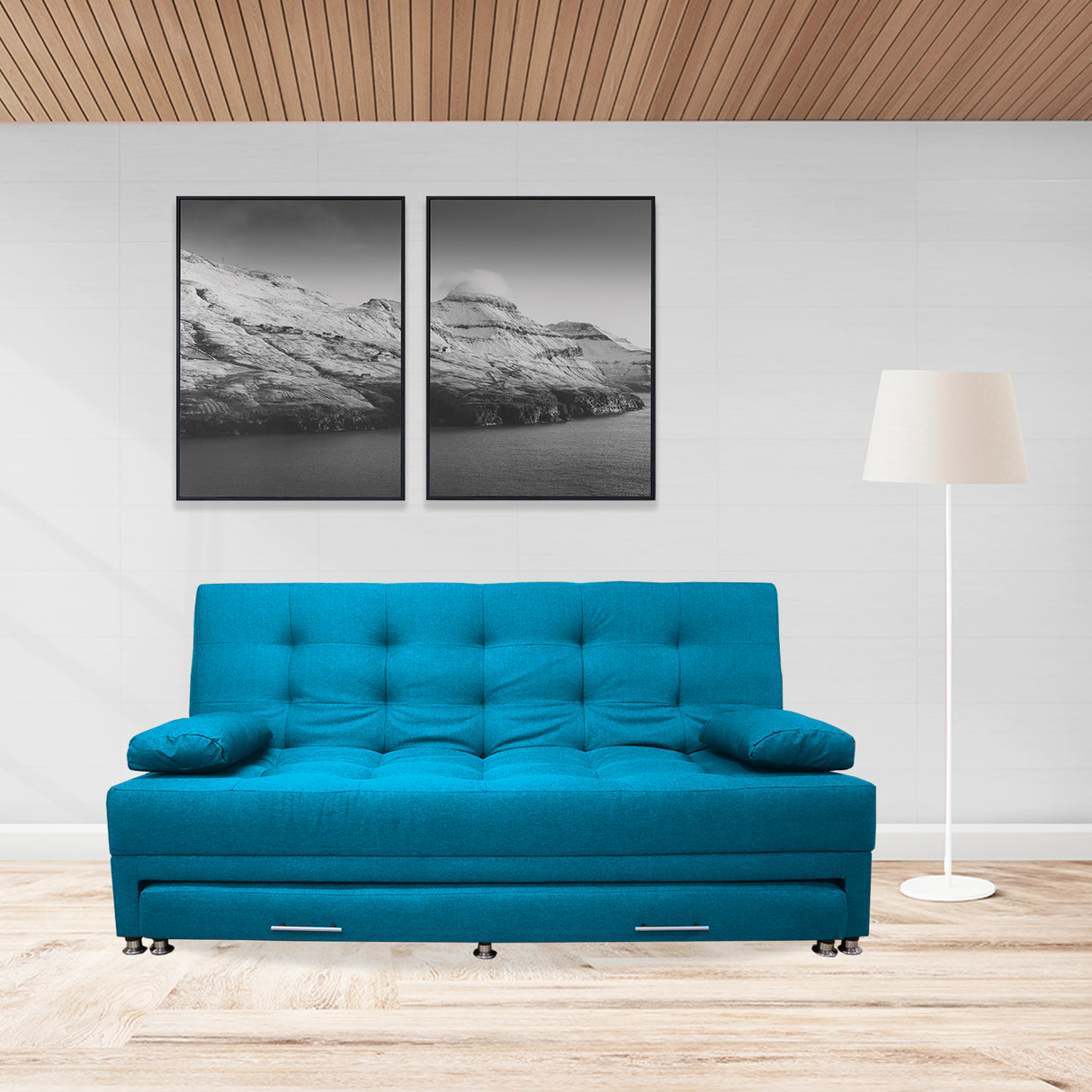 Sofá Cama Portmann Turquesa 190x95cm con Cuatro Cojines - Sofas y Poltronas | Bylmo