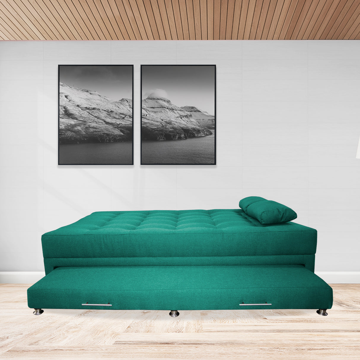 Sofá Cama Portmann Verde 190x95cm con Cuatro Cojines - Sofas y Poltronas | Bylmo