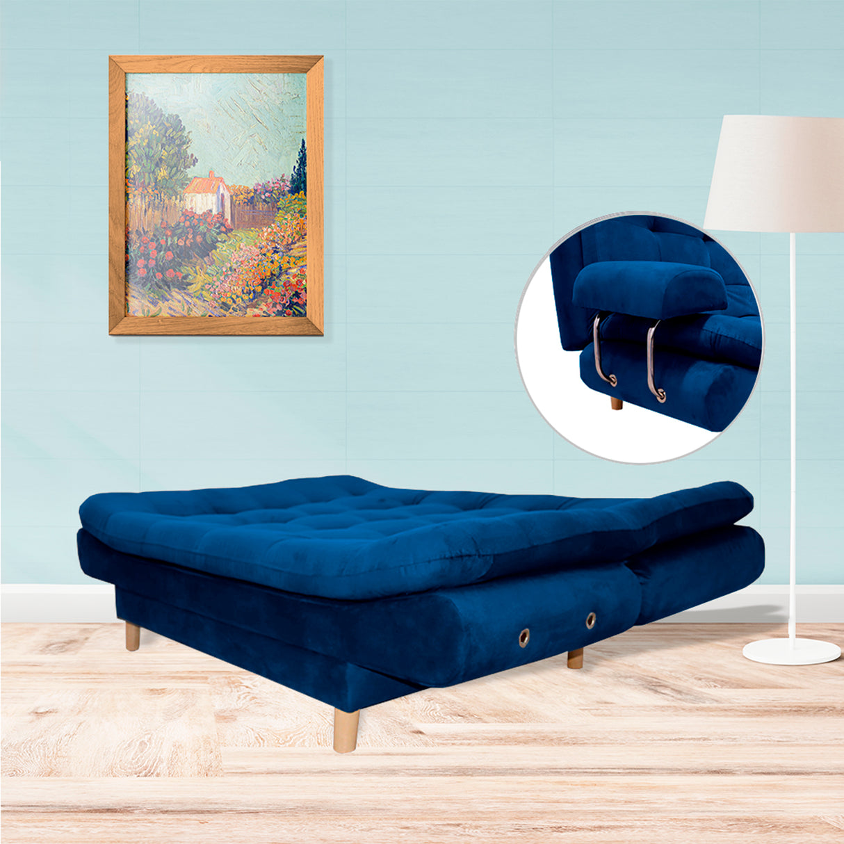 Sofá Cama Keller Azul Petróleo 175x90cm con Dos Cojines - Sofas y Poltronas | Bylmo