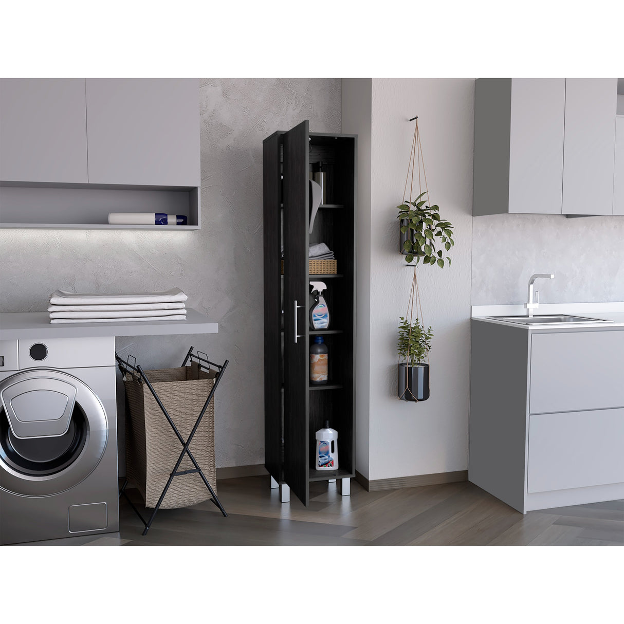 Organizador de Aseo Laska Roble Gris 40x180cm con con Colgadero de Escobas - MUEBLES DE ASEO Y ROPAS | Bylmo