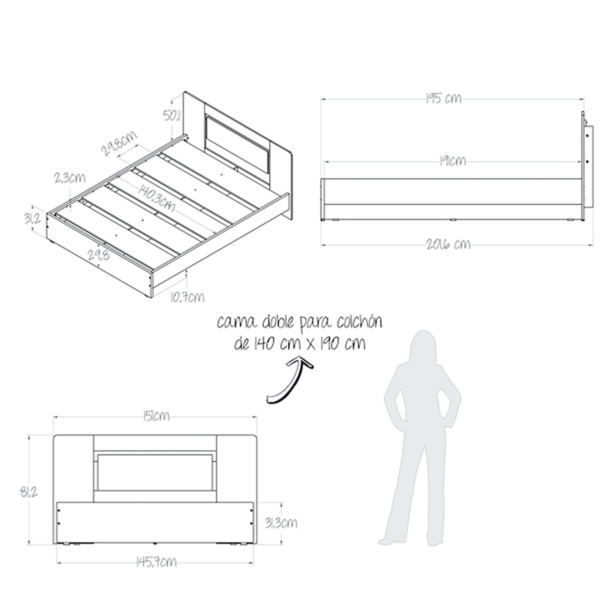 Combo Cama y Mesas de Noche Double Life Duna 151x81.2cm para Cama Doble 140x190cm - CAMAS | Bylmo
