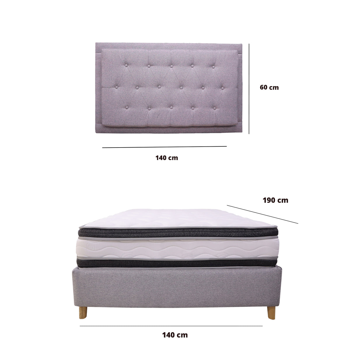 Combo Base Cama y Colchón Blaser Gris Claro 140x190cm Doble con Espaldar - Camas | Bylmo