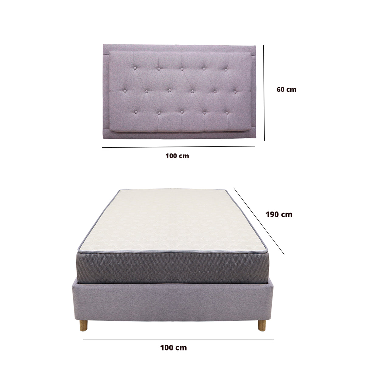 Combo Base Cama y Colchón Tanner Gris Claro 100x190cm Sencillo con Espaldar - Camas | Bylmo