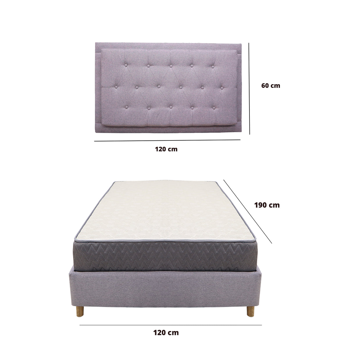Combo Base Cama y Colchón Tanner Gris Claro 120x190cm Semidoble con Espaldar - Camas | Bylmo