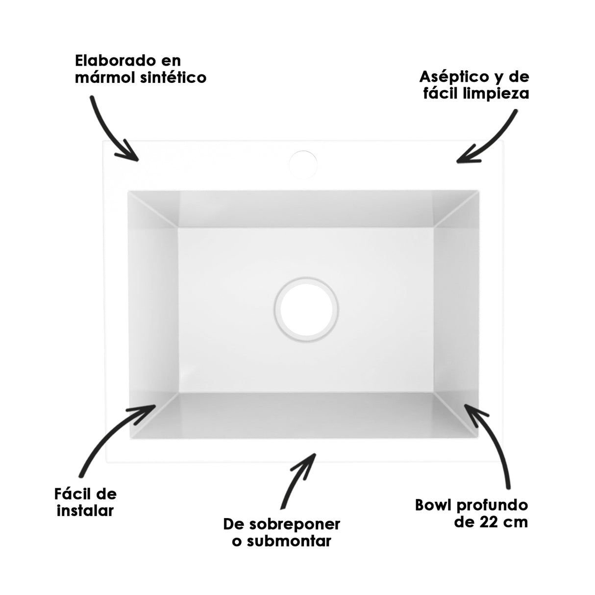 Lavaplatos Koa Sencillo Blanco Brillante 51x22cm Sobrepuesto - Lavaplatos | Bylmo