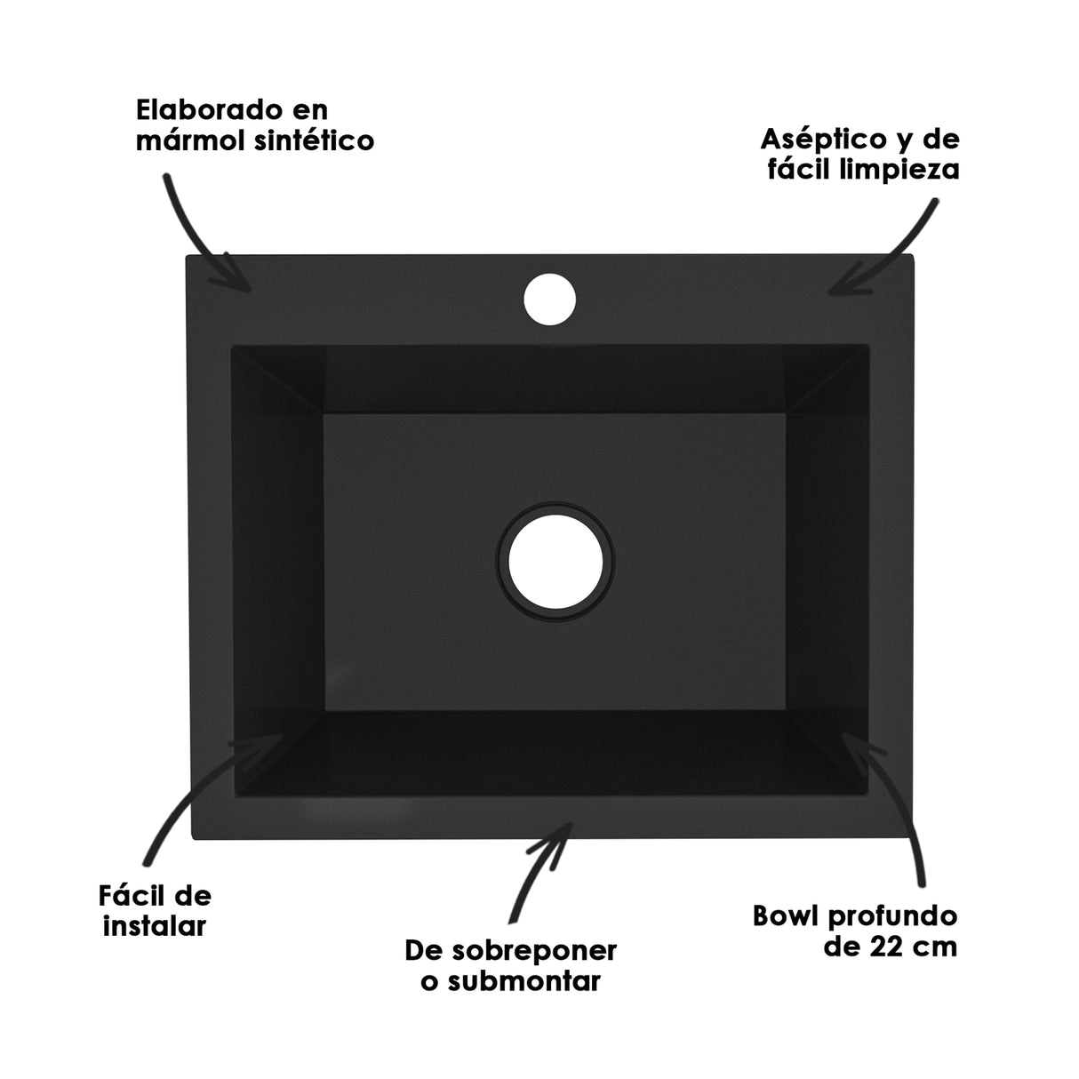 Lavaplatos Koa Sencillo Negro Brillante 51x22cm Sobrepuesto - Lavaplatos | Bylmo