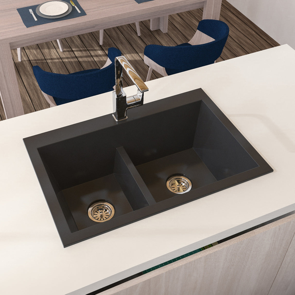 Lavaplatos Koa Doble Negro Brillante 56x25.6cm Sobrepuesto - Lavaplatos | Bylmo