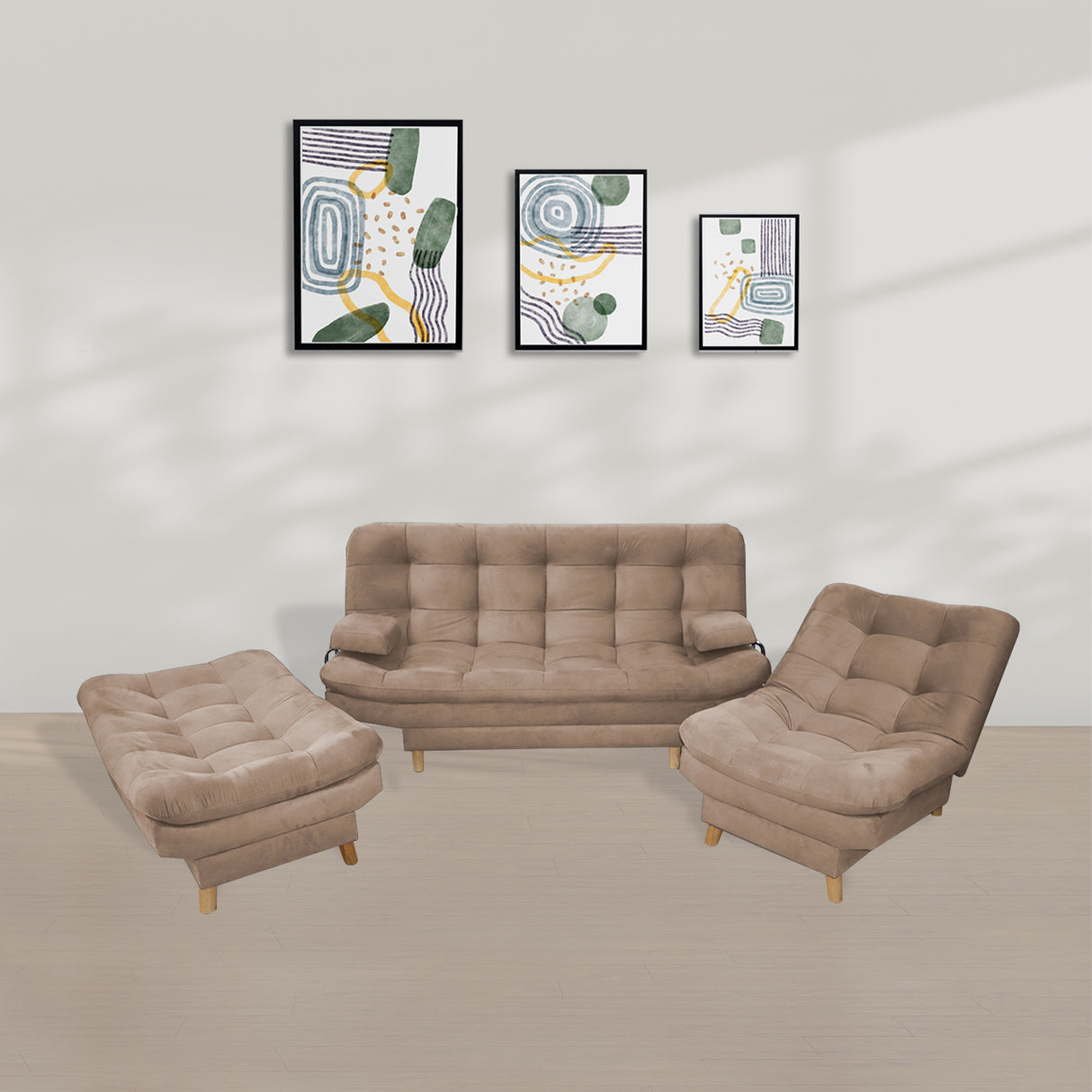 Sala Hauser Camel 185x90cm con Sofacama y Dos Sillas - Sofas y Poltronas | Bylmo