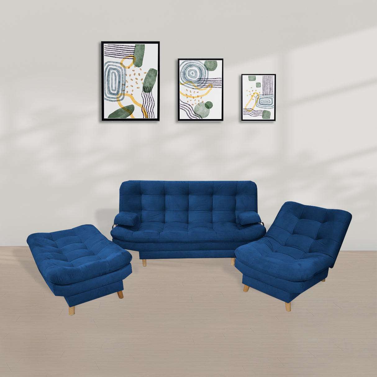 Sala Hauser Azul Petróleo 185x90cm con Sofacama y Dos Sillas - Sofas y Poltronas | Bylmo