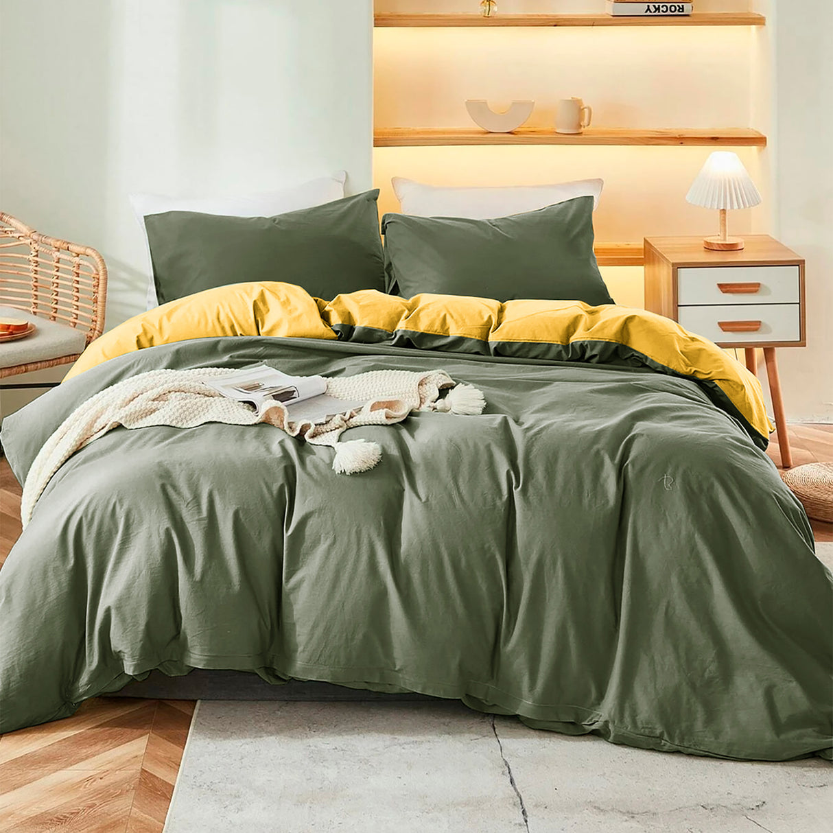 Duvet Lilis Verde Militar Mostaza Para Cama Queen 160x190cm - Tendidos y Cubrelechos | Bylmo