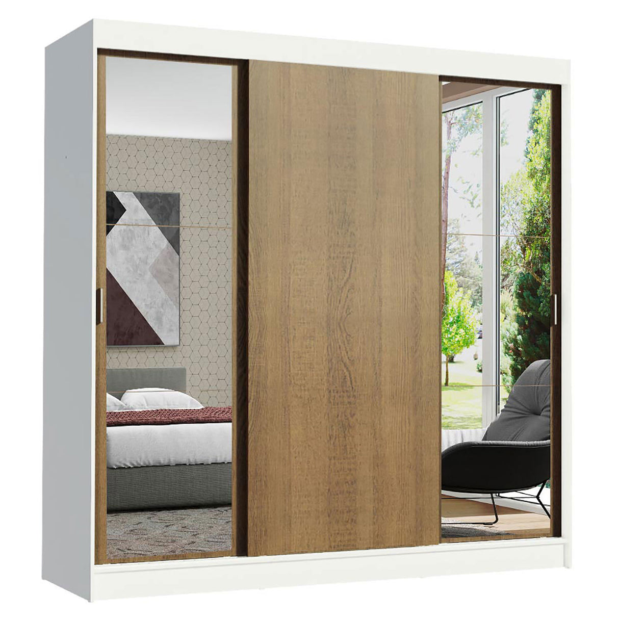 Closet Reno Blanco y Marron 180x205cm con Espejo y Cinco Cajones - Closets | Bylmo