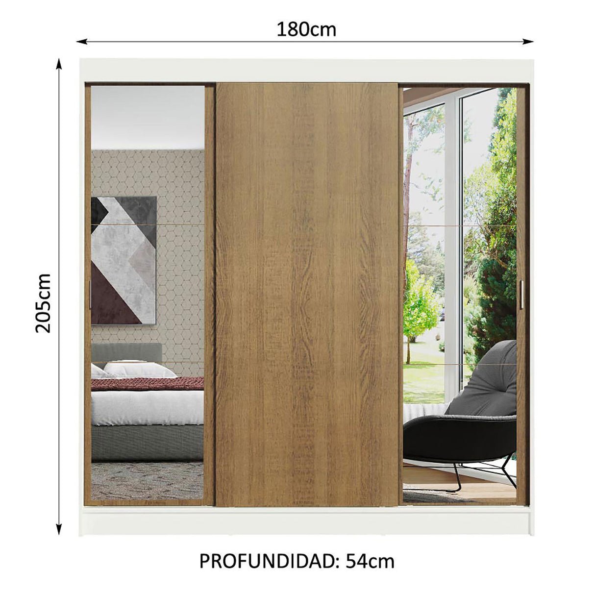 Closet Reno Blanco y Marron 180x205cm con Espejo y Cinco Cajones - Closets | Bylmo