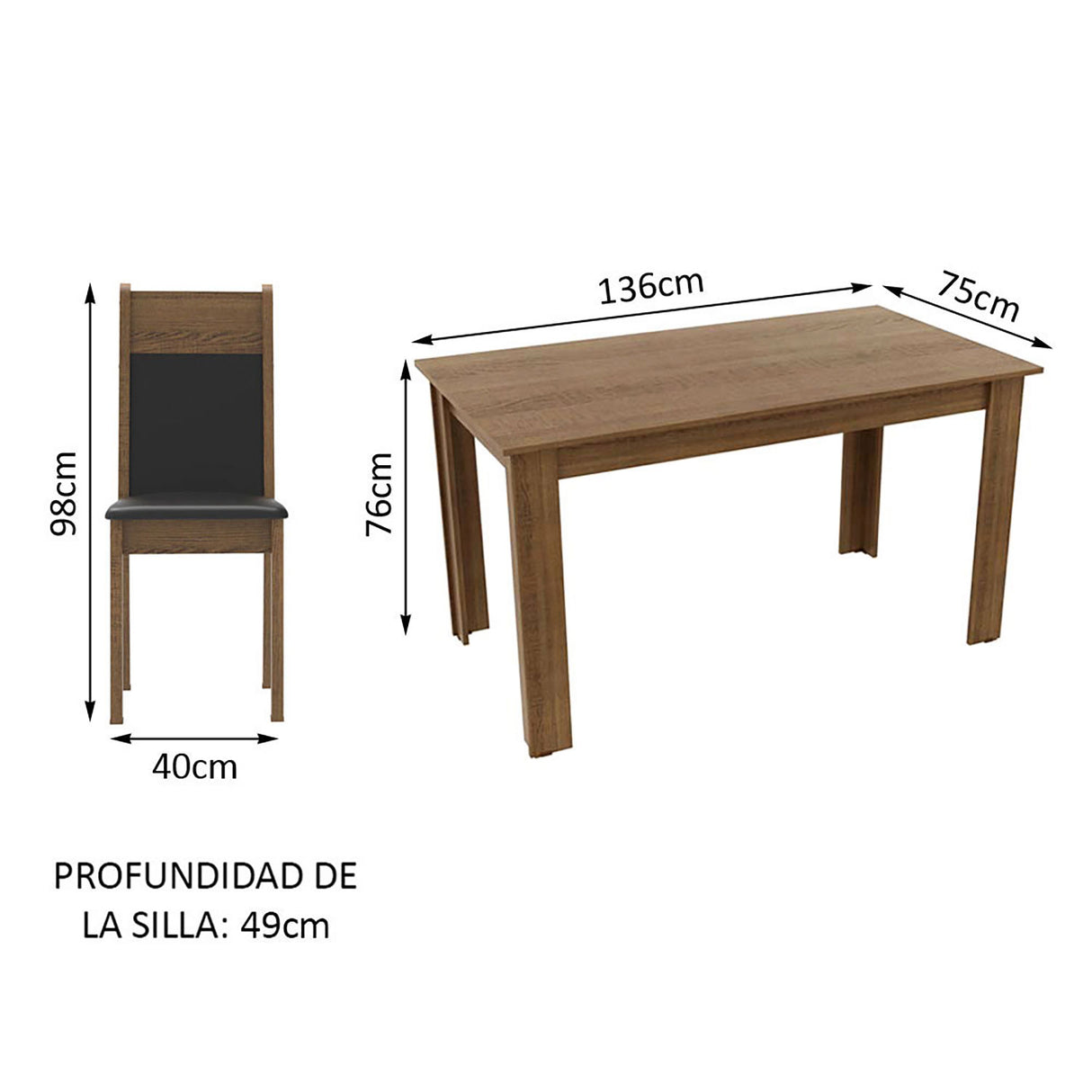 Combo Comedor y Sillas Cali Marron y Negro 136x76cm de 4 Puestos - Comedores | Bylmo