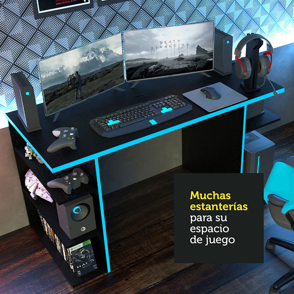 Escritorio Gamer Alaska NR Negro y Azul 136x75cm Sin Cajones - Escritorios | Bylmo