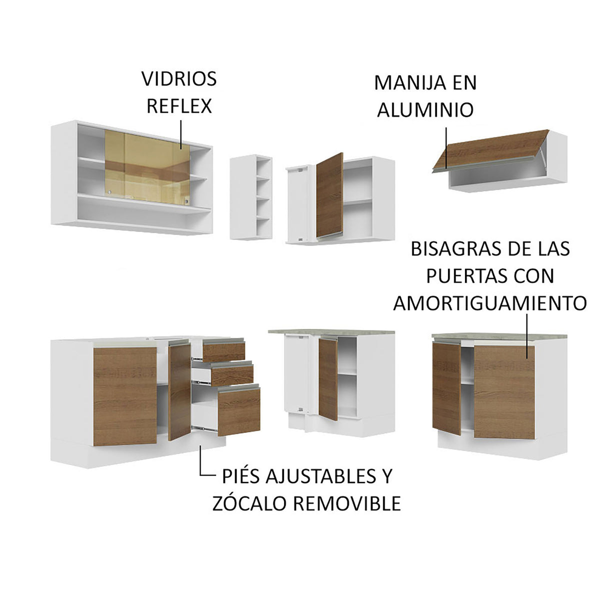 Cocina Integral Glamy Blanco y Marron 349x225cm sin Mesón con Puertas de Cristal Reflex - Cocinas | Bylmo