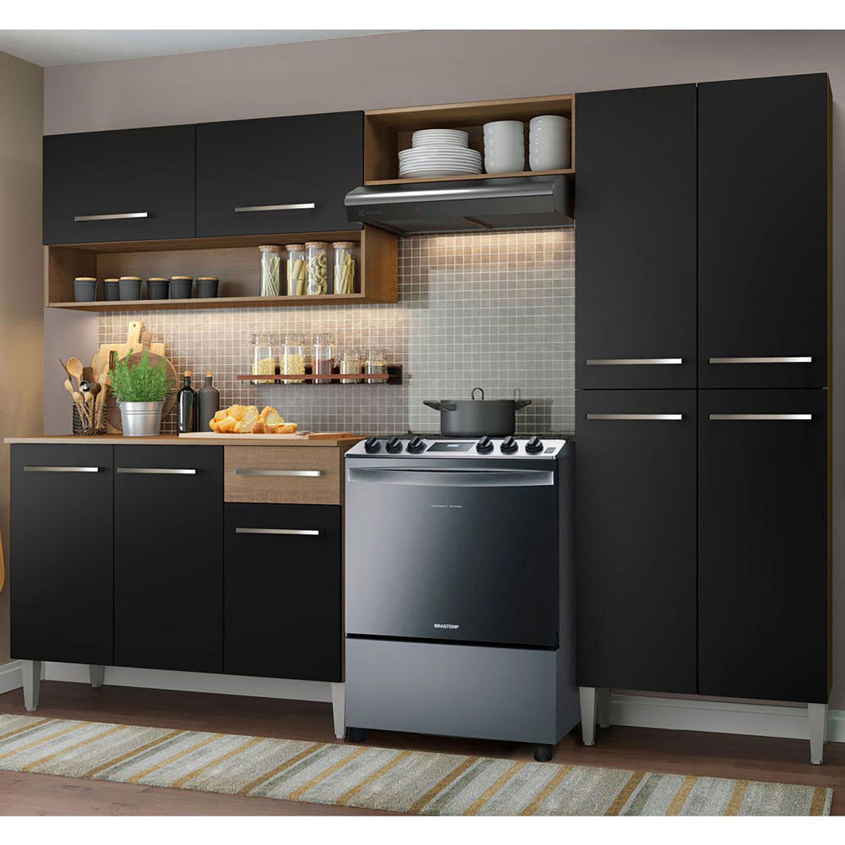 Cocina Integral Emilly Pop Marron y Negro 229x186cm con Mesón de Madera - Cocinas | Bylmo