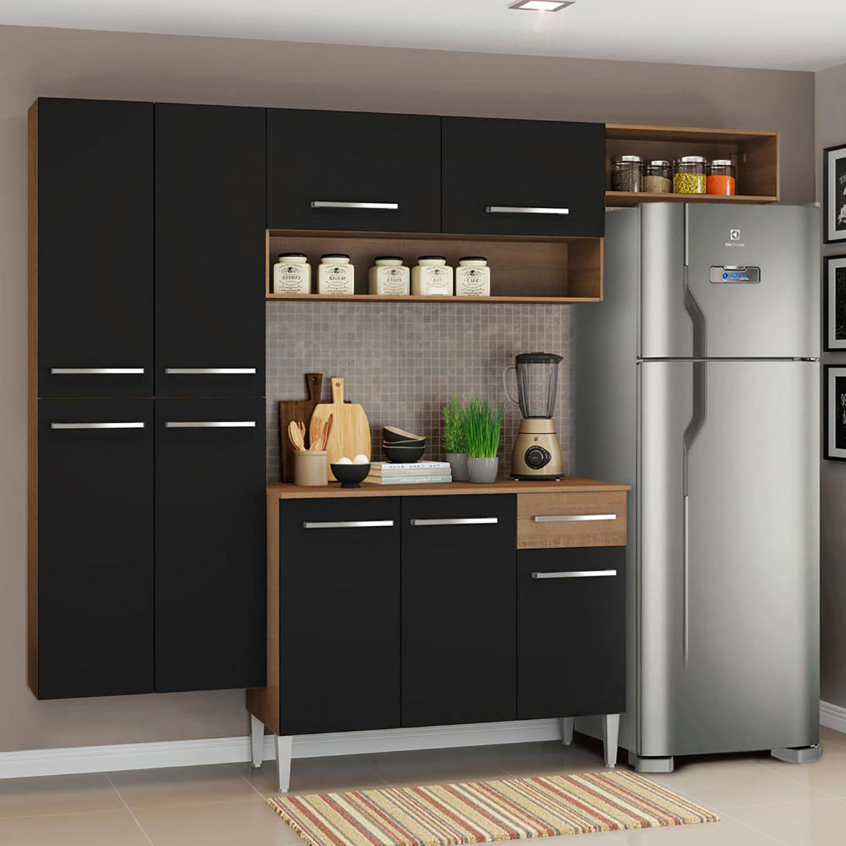 Cocina Integral Emilly Fit Marron y Negro 229x201cm con Mesón de Madera - Cocinas | Bylmo
