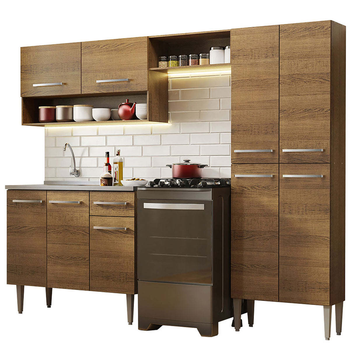 Cocina Integral Emilly Marron 229x186cm con Mesón de Acero Inoxidable - Cocinas | Bylmo