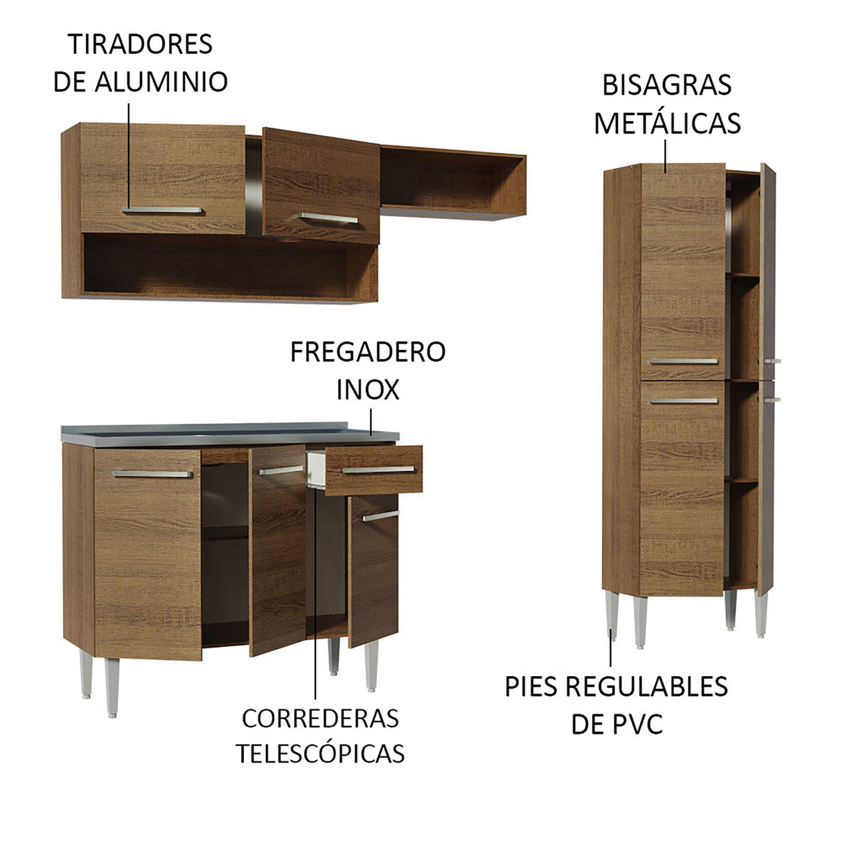 Cocina Integral Emilly Marron 229x186cm con Mesón de Acero Inoxidable - Cocinas | Bylmo