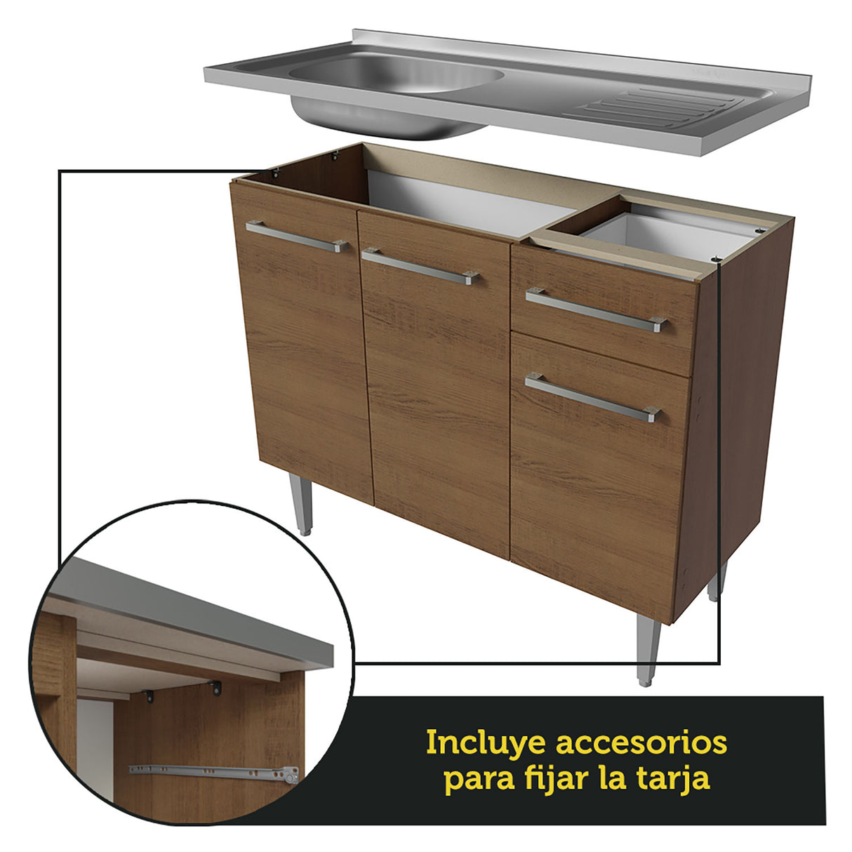 Cocina Integral Emilly Marron 229x186cm con Mesón de Acero Inoxidable - Cocinas | Bylmo