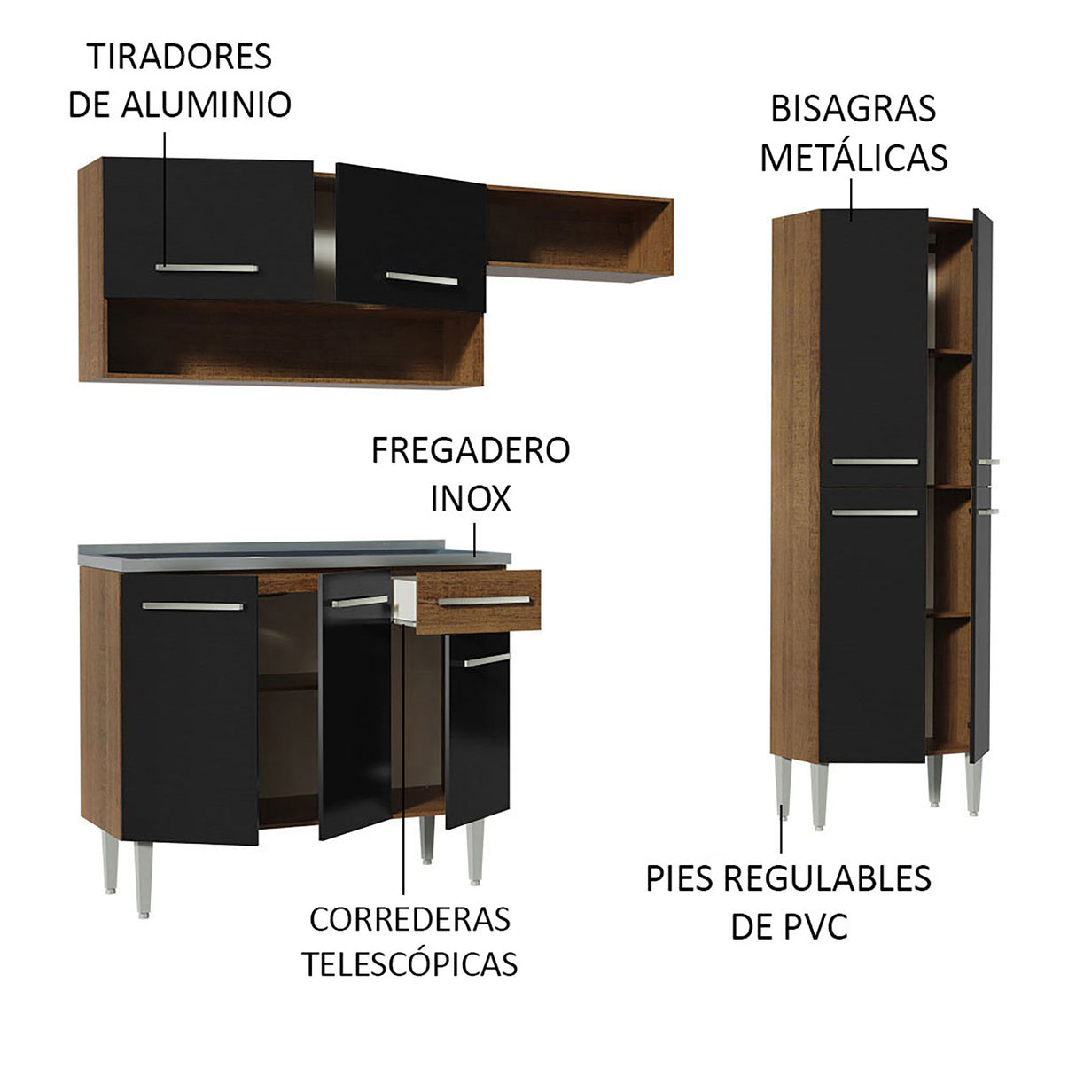 Cocina Integral Emilly Marron y Negro 229x186cm con Mesón de Acero Inoxidable - Cocinas | Bylmo